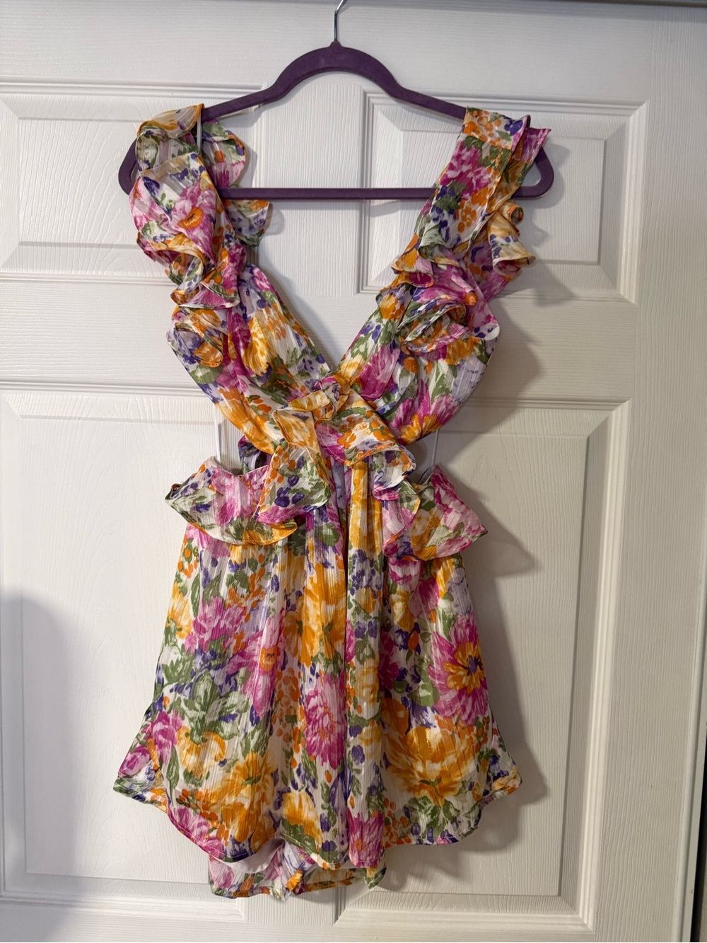 Floral Ruffle Girls' One-Piece Romper in Pink, Yellow & Green